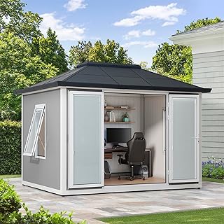 Sunjoy Office Shed for Outdoor, Tiny House 10’x12.6′ She Shed, Backyard Office, Multipurpose Outdoor Room, – B0CB83M3BV